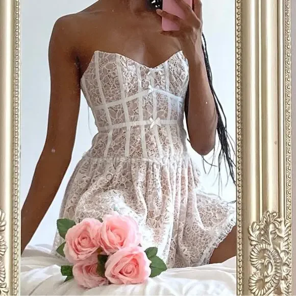 For Love & Lemons Jelena White Tan Lace Strapless Mini Dress Women’s Size Medium - Picture 2 of 14
